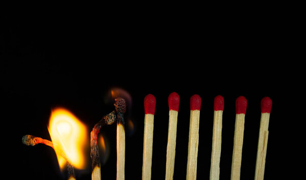 Group of red match burning isolated on black background. Row Burning In Chain Reaction