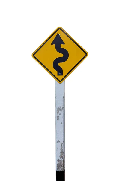 白い背景に隔離された長い間使用されてきた警告カーブ道路標識 — ストック写真
