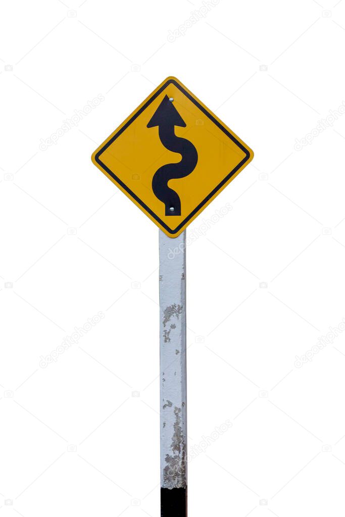 Warning curve road sign that has been used for a long time isolated on white background.