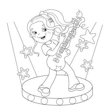 Coloring Page Outline Of girl playing the guitar on stage clipart
