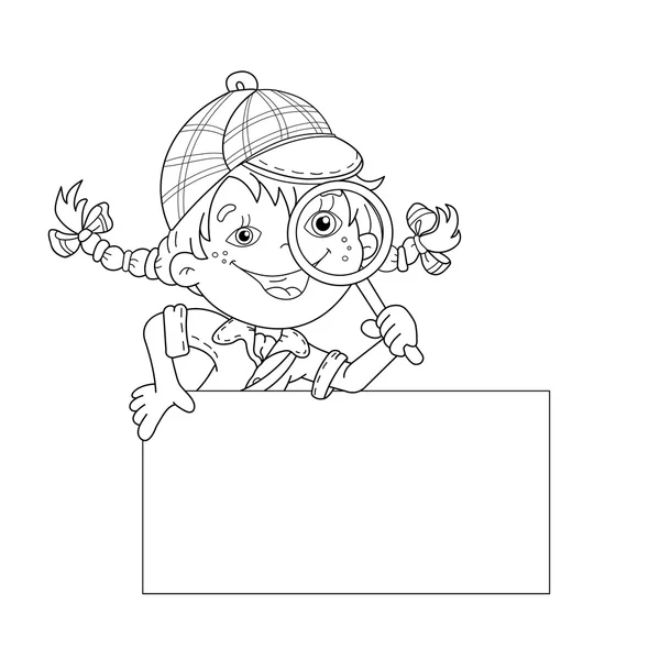Desenho da página de colorir de detetive da menina dos desenhos animados com loupe —  Vetores de Stock