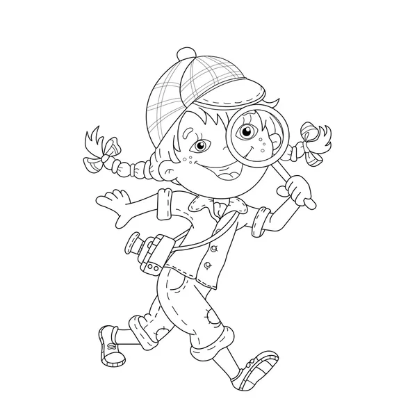 Coloring Page Outline Of cartoon girl detective with loupe — Stock Vector