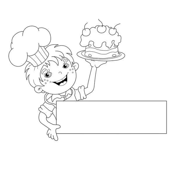 Забарвлення сторінці начерки мультфільму хлопчика шеф-кухаря з тортом. Меню — стоковий вектор