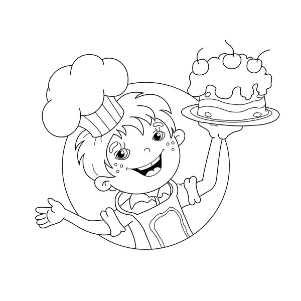 Coloring Page Outline Of cartoon Boy chef with cake — Stock Vector