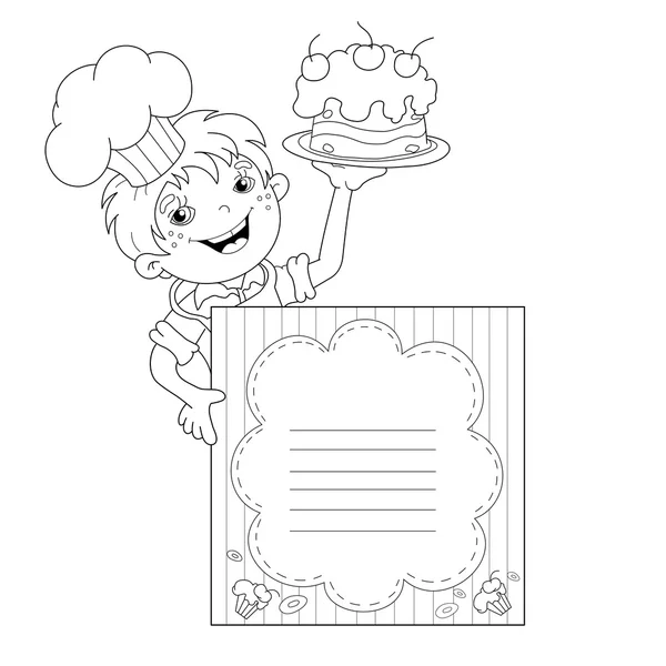 Coloring Page Outline Of cartoon Boy chef with cake. Menu — Stock Vector