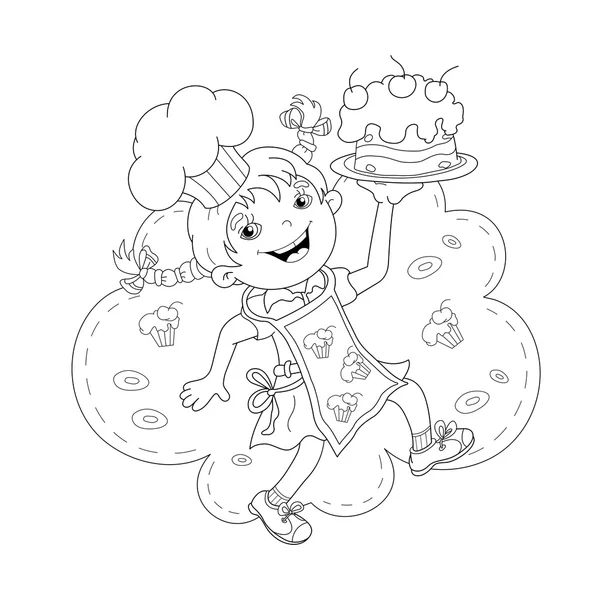 Coloring Page Outline Of cartoon Girl chef with cake — Stock Vector