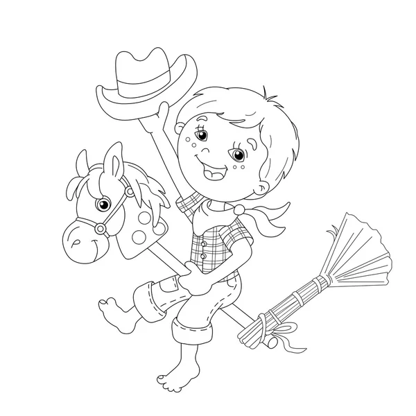 Coloriage contour de dessin animé garçon jouer cow-boy avec jouet hor — Image vectorielle