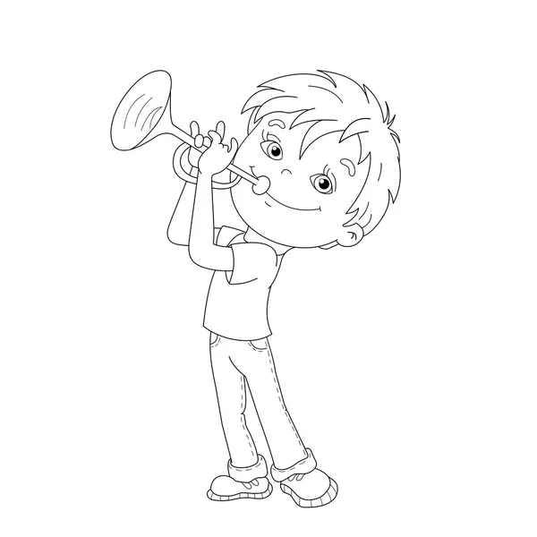 Desenho da página de colorir do menino dos desenhos animados tocando o trompete — Vetor de Stock