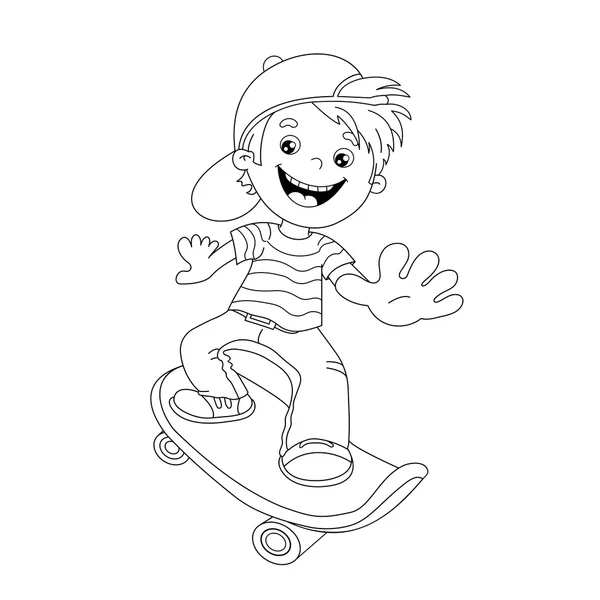 Página para colorear Esquema de dibujos animados Boy en el monopatín — Vector de stock