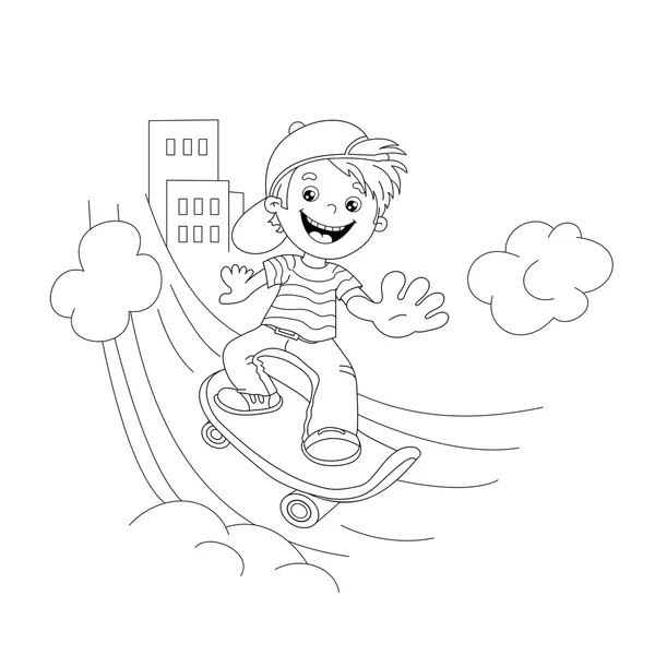 Coloring Page Outline Of cartoon Boy on the skateboard in the ci — Stock Vector