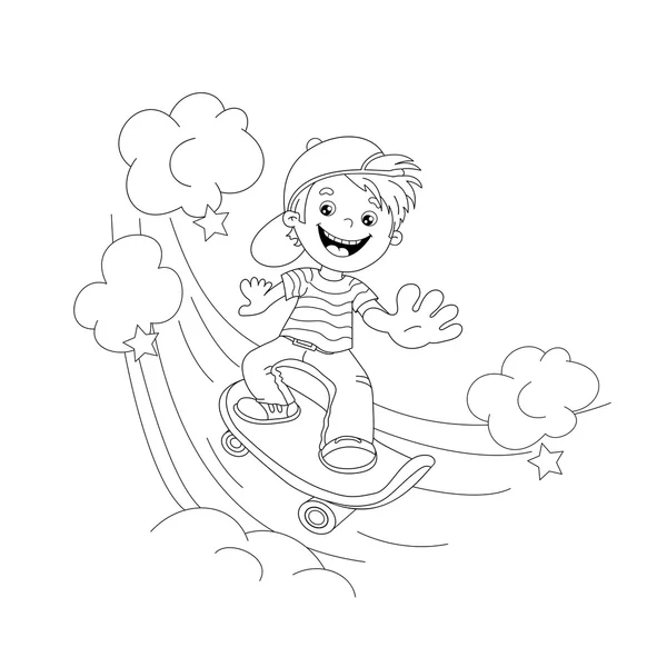 Kleurplaat pagina overzicht van cartoon jongen op het skateboard — Stockvector