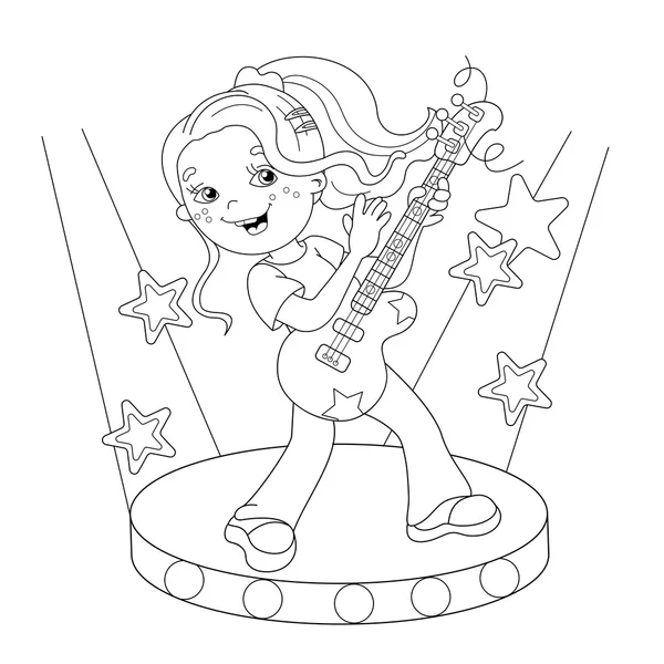 Desenho da página para colorir De menina tocando guitarra no palco — Vetor de Stock