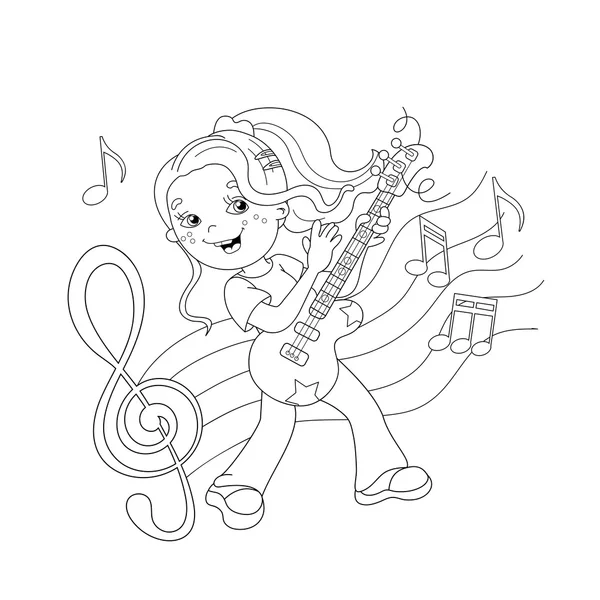 Coloriage contour de fille jouant de la guitare — Image vectorielle