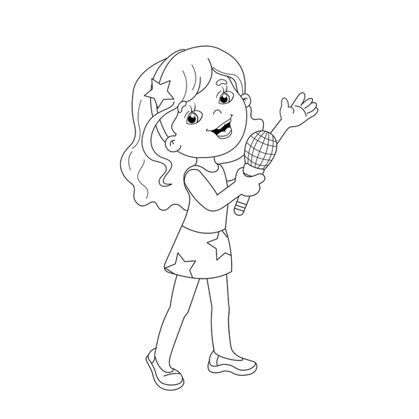 Coloriage contour de dessin animé fille chantant une chanson — Image vectorielle