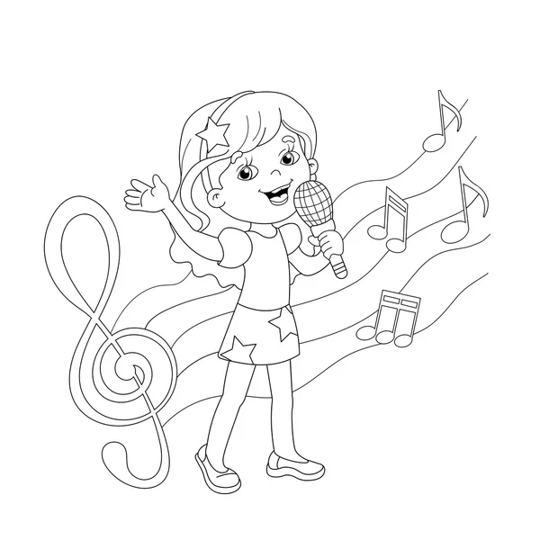 Boyama Sayfası Anahat Karikatür kız bir şarkı söyleyerek 