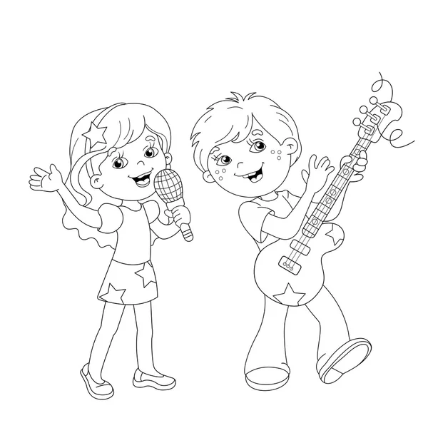 Página para colorear Esquema de niño y niña cantando una canción — Vector de stock