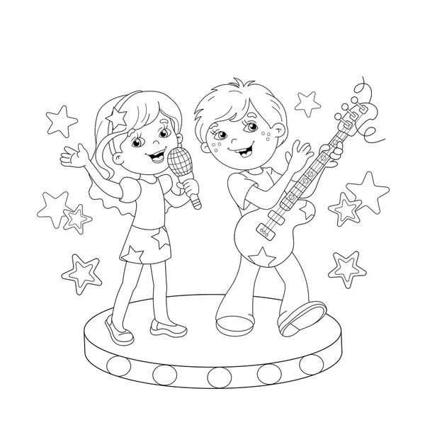 Obarvení stránky obrys chlapce a dívky zpívající píseň — Stockový vektor