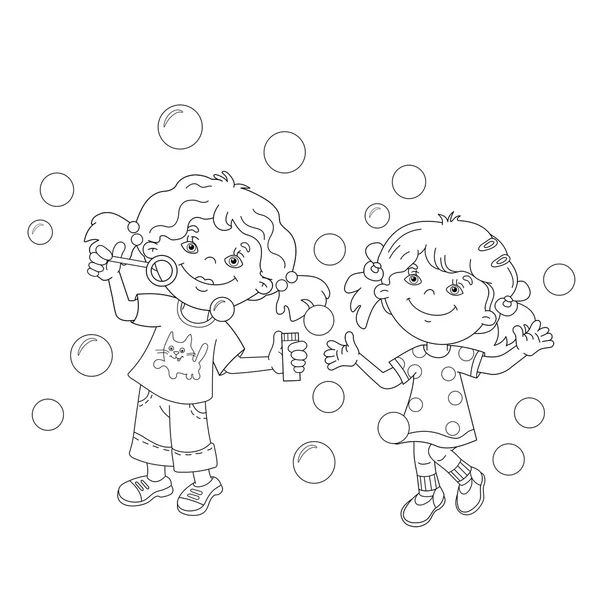 Página para colorear Esquema de las niñas soplando burbujas de jabón juntos — Vector de stock