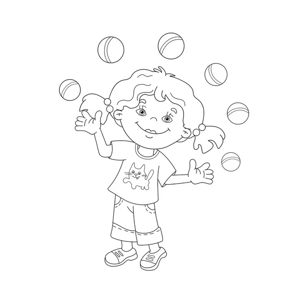 Coloriage contour de fille jongler avec les boules — Image vectorielle