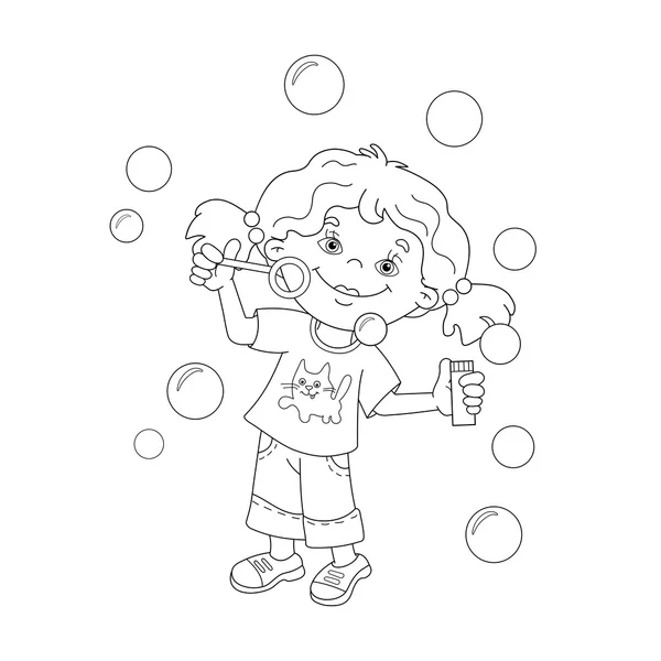 Coloriage contour de la fille de dessin animé soufflant des bulles de savon — Image vectorielle