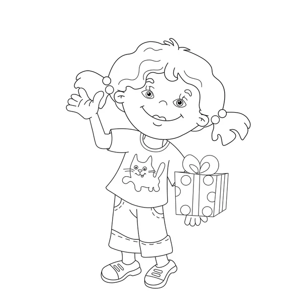 Coloriage contour de la fille de dessin animé avec un cadeau — Image vectorielle