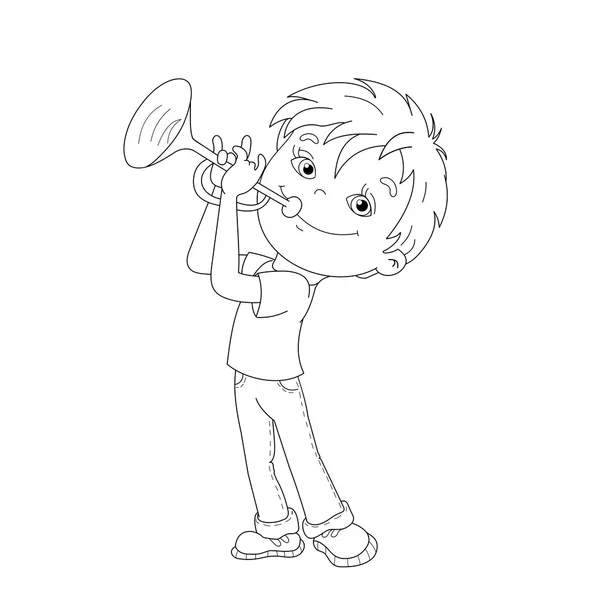 Coloring Page Outline Of cartoon Boy playing the trumpet — Stock Vector