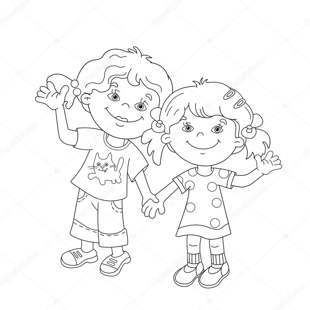 Coloring Page Outline Of Cartoon Girls Holding Hands Vector Image By C Oleon17 Vector Stock