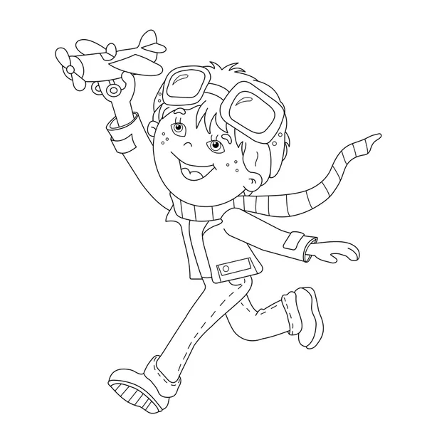 Página para colorear Esquema de niño de dibujos animados con avión de juguete — Vector de stock