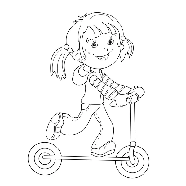 Desenho da página da coloração da menina dos desenhos animados na scooter —  Vetores de Stock