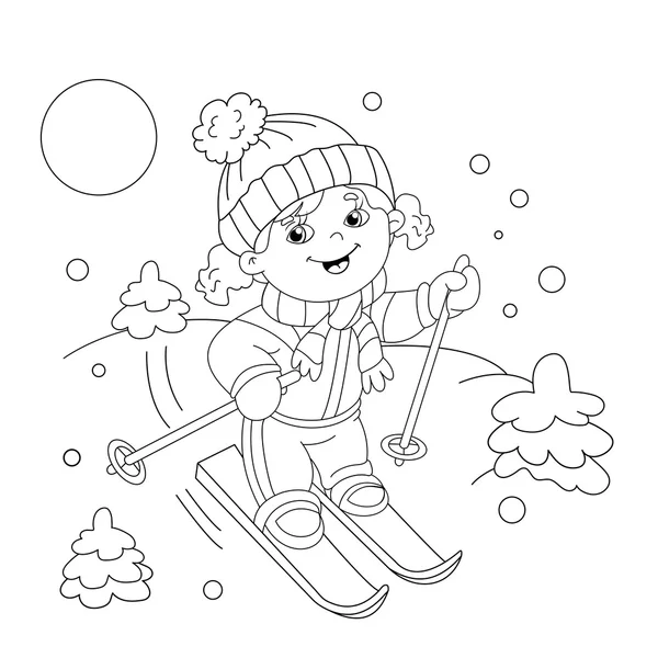 Desenho de página para colorir De menina dos desenhos animados montando em esquis — Vetor de Stock