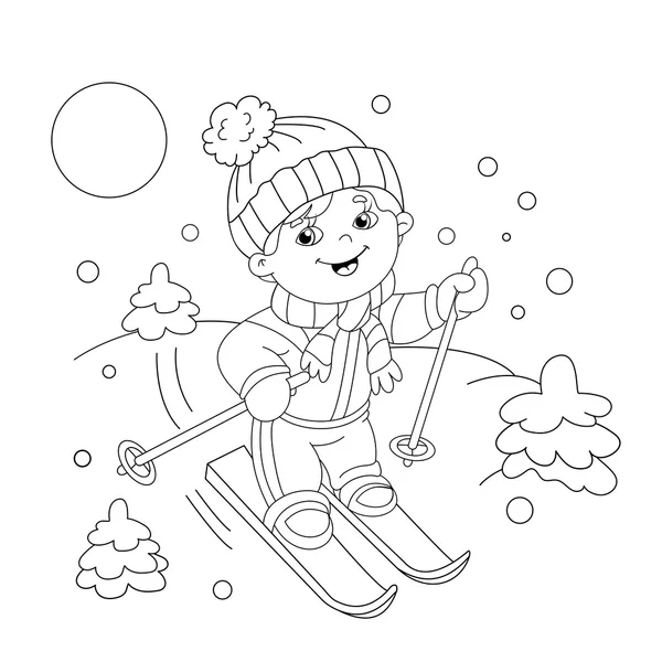 Färgsätta sidan disposition av cartoon boy ridning på skidor. — Stock vektor