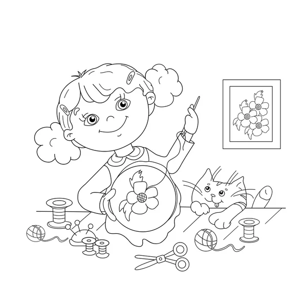 Coloriage contour de la fille de dessin animé avec broderie — Image vectorielle