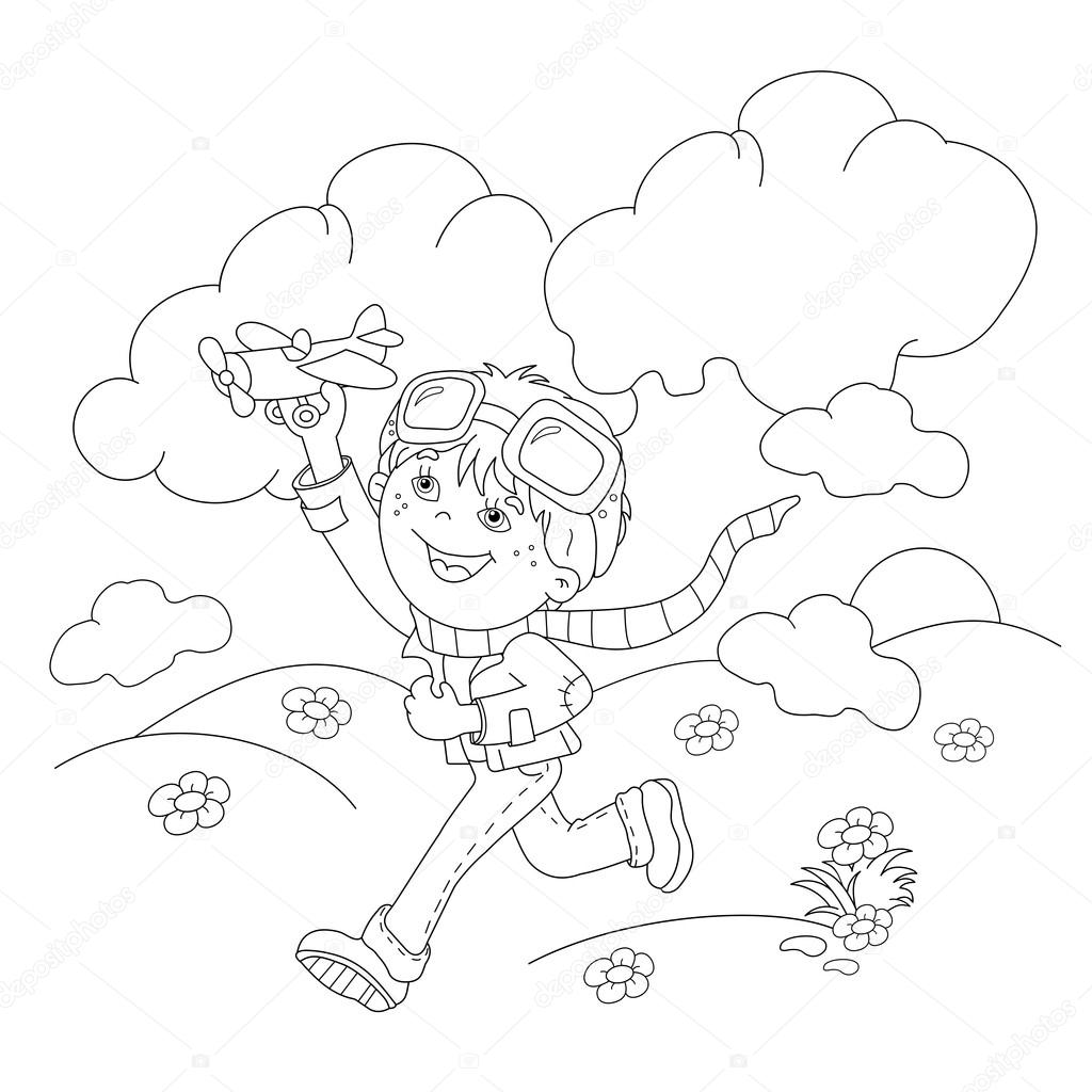 Disegni da colorare pagina profilo del ragazzo del fumetto con aereo giocattolo Libro da colorare per bambini — Vettoriali di Oleon17