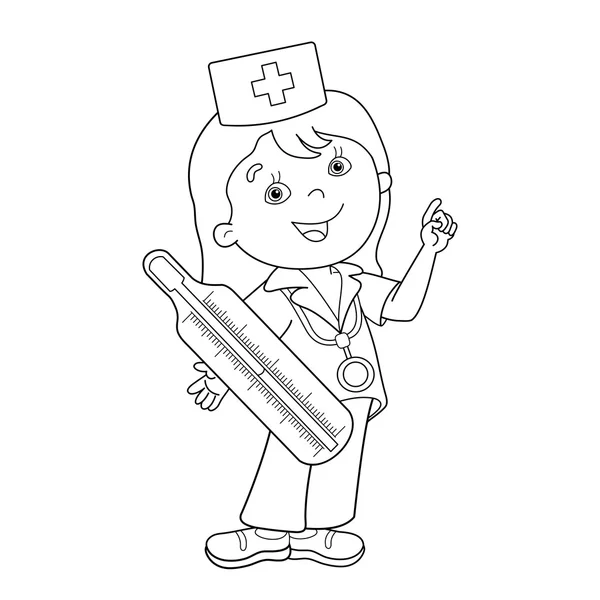 Desenho da página de colorir de médico dos desenhos animados com termômetro —  Vetores de Stock