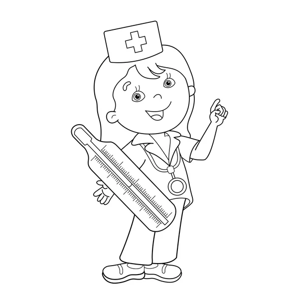 Coloring Page Outline Of cartoon doctor with thermometer — Stock Vector