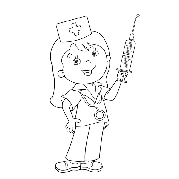 Coloring Page Outline Of cartoon doctor with a syringe — Stock Vector