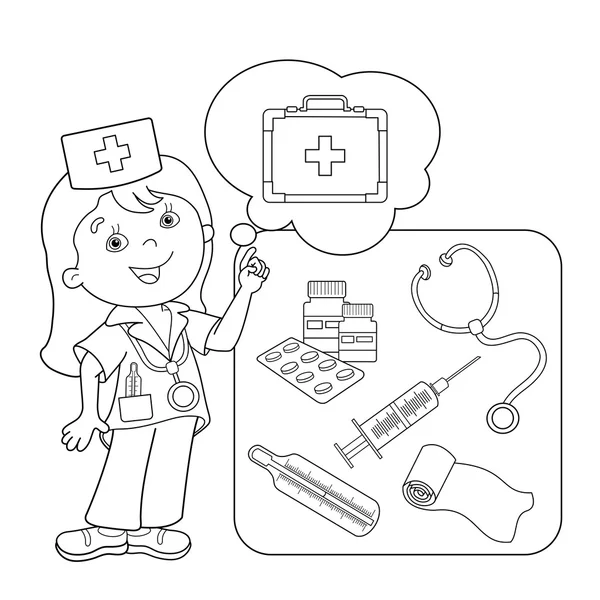 Coloring Page Outline Of cartoon doctor with first aid kit. — Stock Vector