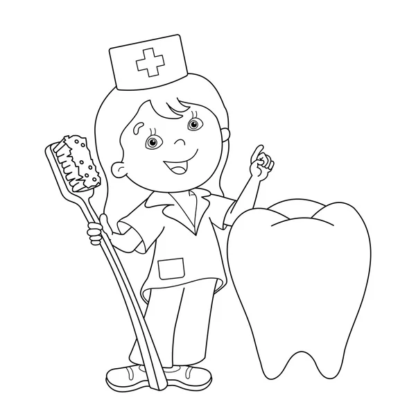 Página para colorear Esquema del médico de dibujos animados con un cepillo de dientes — Vector de stock