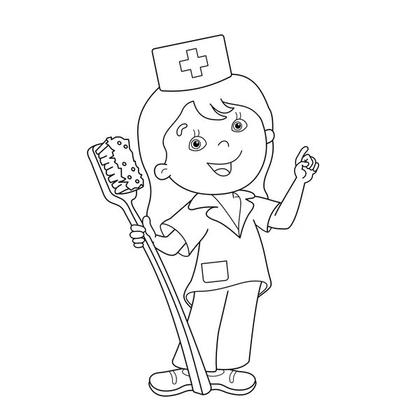 Coloring Page Outline Of cartoon doctor with a toothbrush — Stock Vector