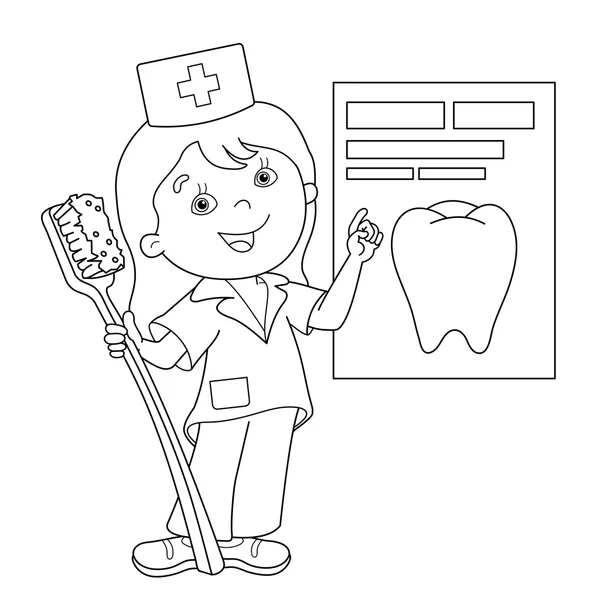 Página para colorear Esquema del médico de dibujos animados con un cepillo de dientes — Vector de stock