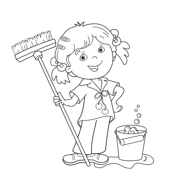 Kleurplaat pagina overzicht van cartoon meisje met mop en emmer — Stockvector