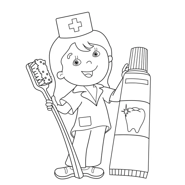 Desenho de página para colorir De médico com escova de dentes e pasta de dentes —  Vetores de Stock