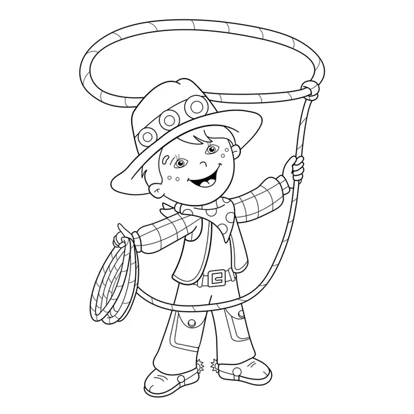 Coloriage contour de cowboy dessin animé avec lasso — Image vectorielle