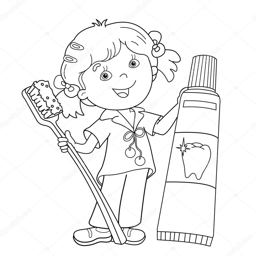 Disegni da colorare pagina muta della ragazza del fumetto con lo spazzolino da denti e dentifricio Libro da colorare per bambini — Vettoriali di Oleon17