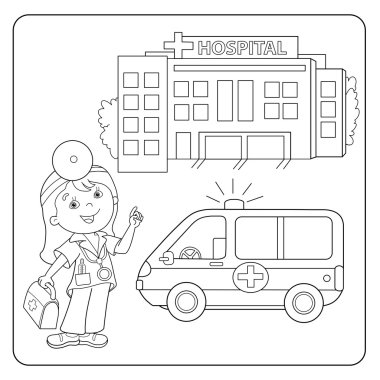Coloring Page Outline Of doctor. Ambulance car. Hospital clipart