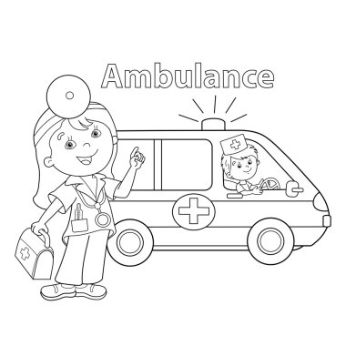 Sayfa anahat, karikatür doktor ambulans araba ile boyama 