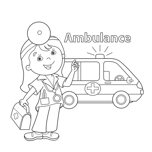 Página para colorear Esquema de médico de dibujos animados con coche ambulancia — Vector de stock