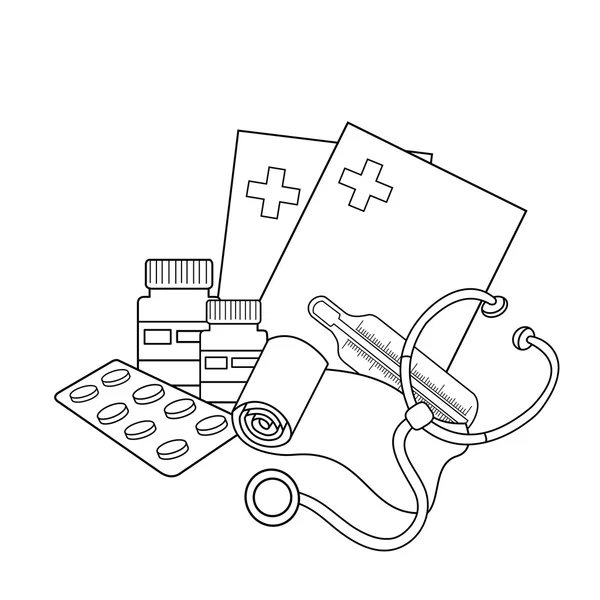 livre de coloriage de médecine pour adultes. trousse de premiers soins,  masque, bandage, seringue, virus dans le style de contour. illustration  vectorielle. 7008535 Art vectoriel chez Vecteezy