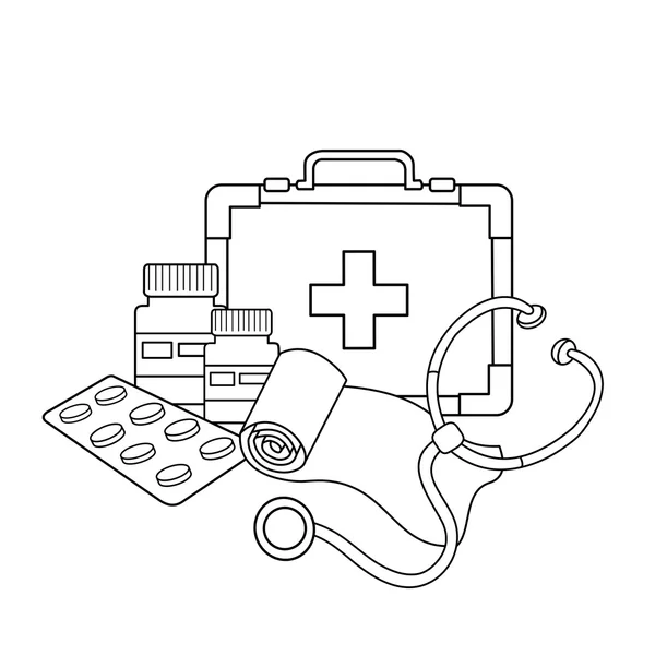 Färgsätta sidan disposition av medicinska instrument. Medicinska logotyp — Stock vektor