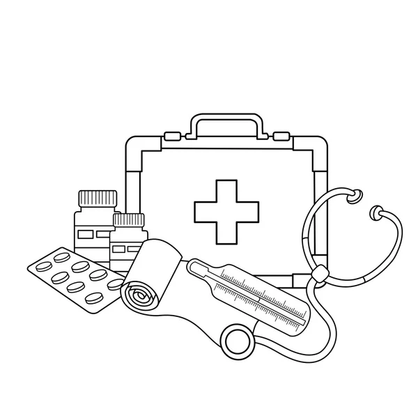 livre de coloriage de médecine pour adultes. trousse de premiers soins,  masque, bandage, seringue, virus dans le style de contour. illustration  vectorielle. 7008535 Art vectoriel chez Vecteezy